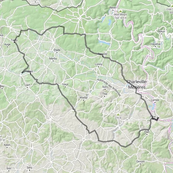 Miniature de la carte de l'inspiration cycliste "Les Collines de l'Ardennes" dans la Champagne-Ardenne, France. Générée par le planificateur d'itinéraire cycliste Tarmacs.app