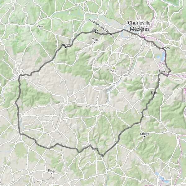 Map miniature of "The Ardennes Adventure" cycling inspiration in Champagne-Ardenne, France. Generated by Tarmacs.app cycling route planner