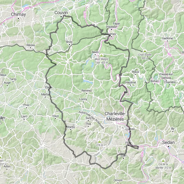 Miniature de la carte de l'inspiration cycliste "La Grande Boucle de l'Ardenne" dans la Champagne-Ardenne, France. Générée par le planificateur d'itinéraire cycliste Tarmacs.app
