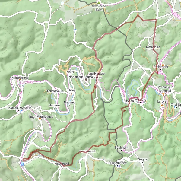 Miniature de la carte de l'inspiration cycliste "Circuit de gravel à travers les sentiers champêtres" dans la Champagne-Ardenne, France. Générée par le planificateur d'itinéraire cycliste Tarmacs.app