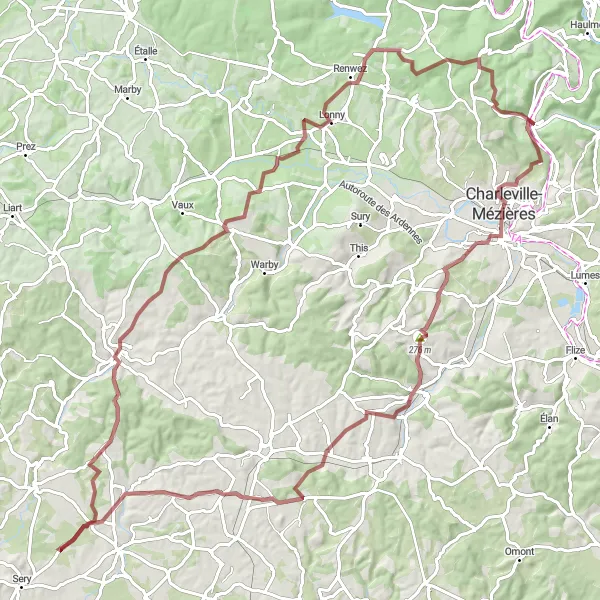 Miniature de la carte de l'inspiration cycliste "La Boucle des Vallées Tranquilles" dans la Champagne-Ardenne, France. Générée par le planificateur d'itinéraire cycliste Tarmacs.app