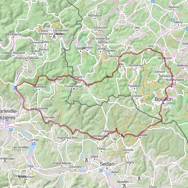 Miniature de la carte de l'inspiration cycliste "La Route des Points de Vue" dans la Champagne-Ardenne, France. Générée par le planificateur d'itinéraire cycliste Tarmacs.app