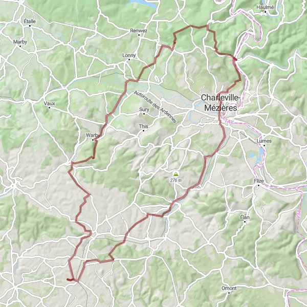 Map miniature of "Scenic Gravel Tour in Champagne-Ardenne" cycling inspiration in Champagne-Ardenne, France. Generated by Tarmacs.app cycling route planner