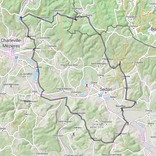 Miniature de la carte de l'inspiration cycliste "Le Tour des Carrières et des Champs" dans la Champagne-Ardenne, France. Générée par le planificateur d'itinéraire cycliste Tarmacs.app