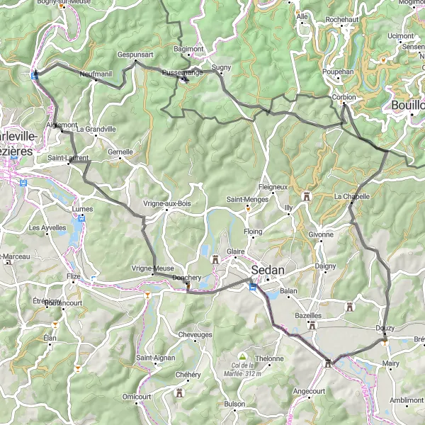 Miniature de la carte de l'inspiration cycliste "Le Chemin des Anciennes Stations" dans la Champagne-Ardenne, France. Générée par le planificateur d'itinéraire cycliste Tarmacs.app