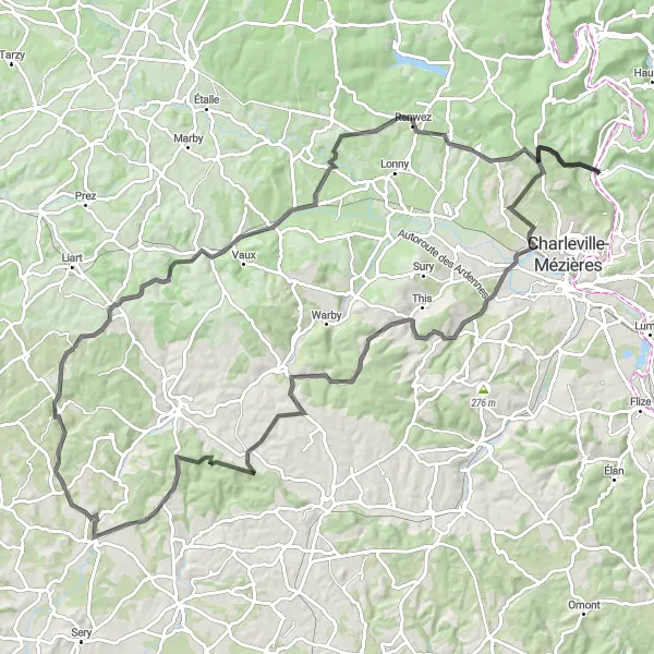 Miniature de la carte de l'inspiration cycliste "Le Tour des Sept Villages" dans la Champagne-Ardenne, France. Générée par le planificateur d'itinéraire cycliste Tarmacs.app