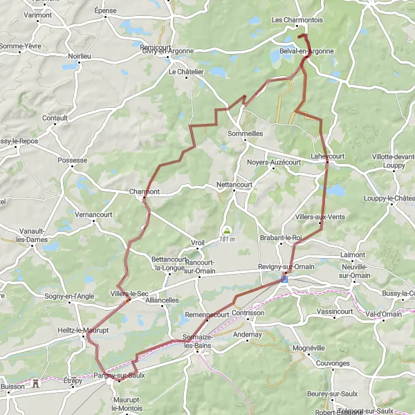 Map miniature of "Gravel Adventure in the Marne Valley" cycling inspiration in Champagne-Ardenne, France. Generated by Tarmacs.app cycling route planner