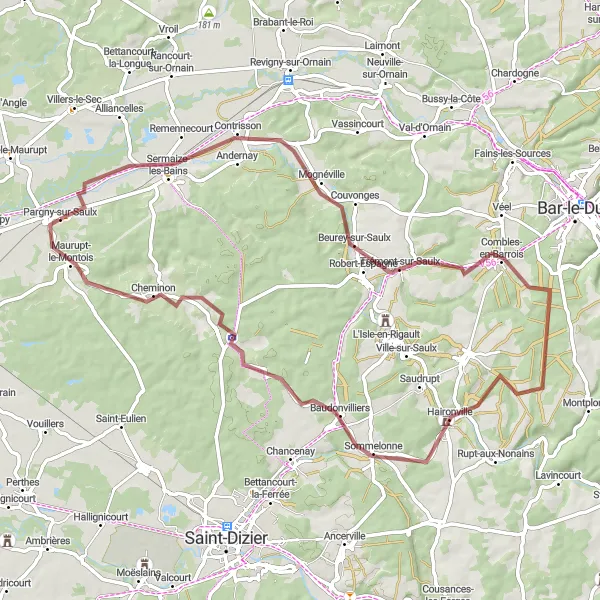 Miniature de la carte de l'inspiration cycliste "Itinéraire gravel de 67 km à travers le paysage champenois" dans la Champagne-Ardenne, France. Générée par le planificateur d'itinéraire cycliste Tarmacs.app