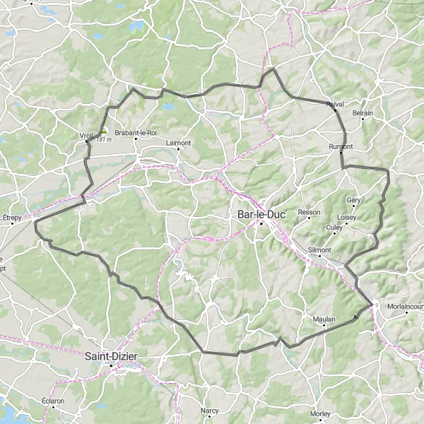 Miniature de la carte de l'inspiration cycliste "Parcours vallonné de Pargny-sur-Saulx" dans la Champagne-Ardenne, France. Générée par le planificateur d'itinéraire cycliste Tarmacs.app