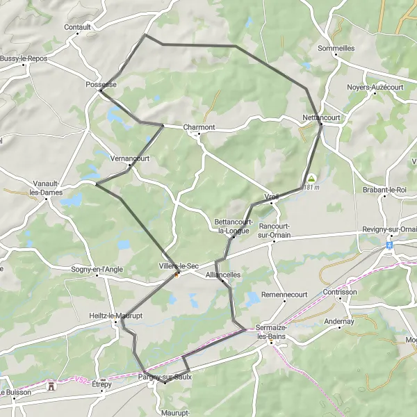 Miniature de la carte de l'inspiration cycliste "Boucle cyclable de Heiltz-le-Maurupt" dans la Champagne-Ardenne, France. Générée par le planificateur d'itinéraire cycliste Tarmacs.app