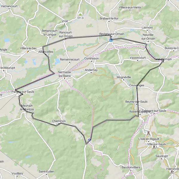 Miniature de la carte de l'inspiration cycliste "Boucle de 55 km autour de Pargny-sur-Saulx" dans la Champagne-Ardenne, France. Générée par le planificateur d'itinéraire cycliste Tarmacs.app