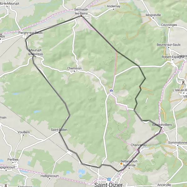 Map miniature of "Sermaize-les-Bains Loop" cycling inspiration in Champagne-Ardenne, France. Generated by Tarmacs.app cycling route planner