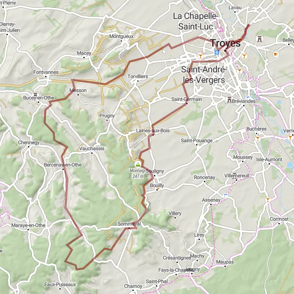 Miniature de la carte de l'inspiration cycliste "Circuit gravel à travers l'Othe" dans la Champagne-Ardenne, France. Générée par le planificateur d'itinéraire cycliste Tarmacs.app