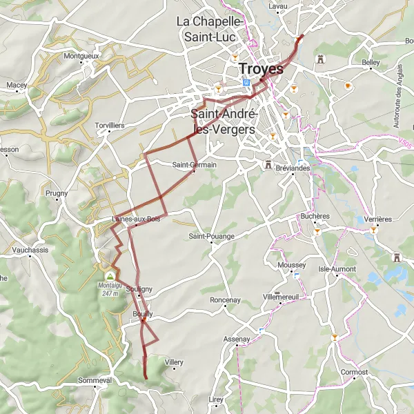 Map miniature of "Gravel Explorer" cycling inspiration in Champagne-Ardenne, France. Generated by Tarmacs.app cycling route planner