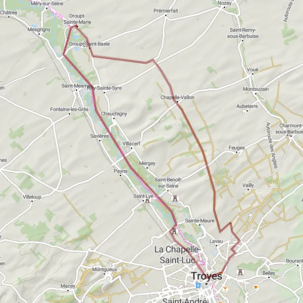 Miniature de la carte de l'inspiration cycliste "Circuit gravel à travers les villages champenois" dans la Champagne-Ardenne, France. Générée par le planificateur d'itinéraire cycliste Tarmacs.app