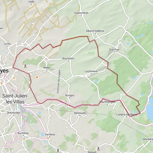 Map miniature of "Gentle Gravel Ride" cycling inspiration in Champagne-Ardenne, France. Generated by Tarmacs.app cycling route planner