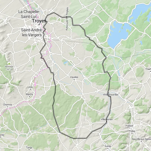Miniature de la carte de l'inspiration cycliste "Route des Vignobles" dans la Champagne-Ardenne, France. Générée par le planificateur d'itinéraire cycliste Tarmacs.app