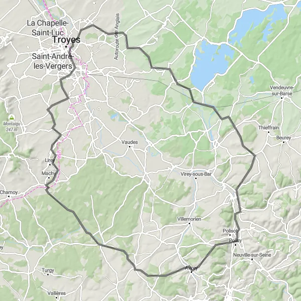 Map miniature of "Around Lac d'Orient" cycling inspiration in Champagne-Ardenne, France. Generated by Tarmacs.app cycling route planner