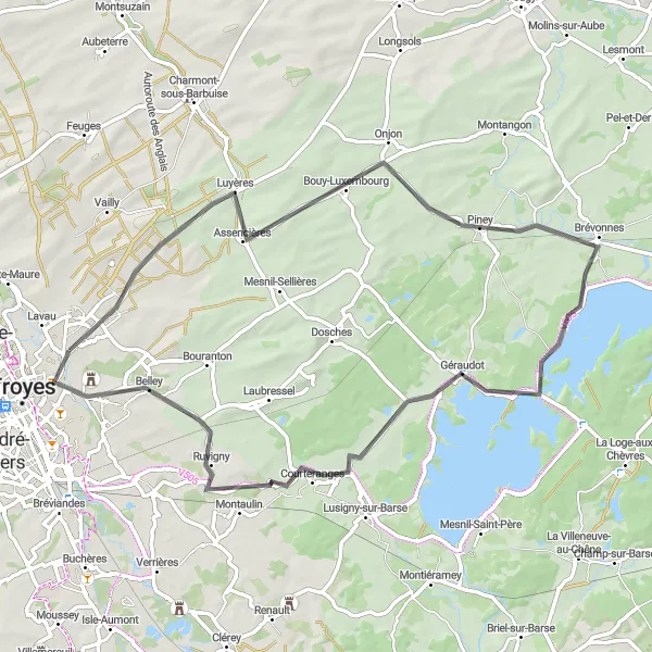Miniature de la carte de l'inspiration cycliste "Parcours au cœur de l'Aube" dans la Champagne-Ardenne, France. Générée par le planificateur d'itinéraire cycliste Tarmacs.app
