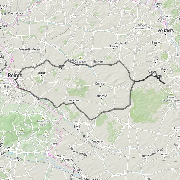 Miniature de la carte de l'inspiration cycliste "Circuit Historique des Monts des Ardennes en Route" dans la Champagne-Ardenne, France. Générée par le planificateur d'itinéraire cycliste Tarmacs.app