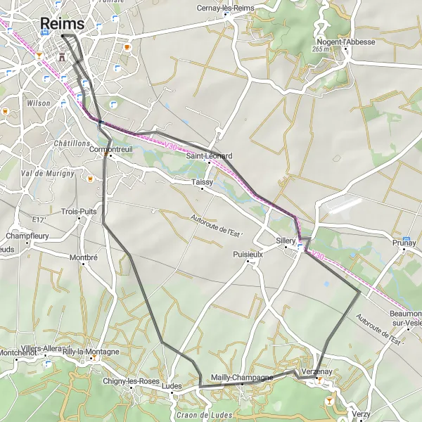 Miniature de la carte de l'inspiration cycliste "Balade sur route vers Sillery et Verzenay" dans la Champagne-Ardenne, France. Générée par le planificateur d'itinéraire cycliste Tarmacs.app