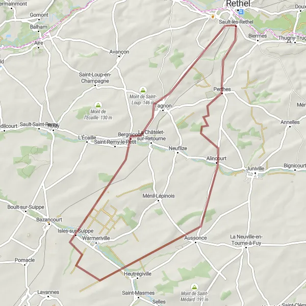 Map miniature of "Circular Gravel Adventure from Rethel" cycling inspiration in Champagne-Ardenne, France. Generated by Tarmacs.app cycling route planner