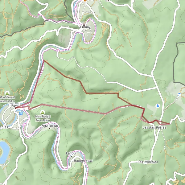 Miniature de la carte de l'inspiration cycliste "Circuit des Ardennes" dans la Champagne-Ardenne, France. Générée par le planificateur d'itinéraire cycliste Tarmacs.app
