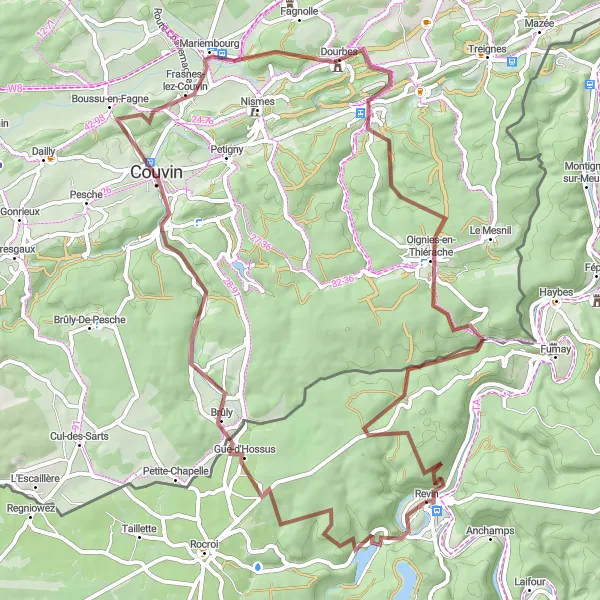 Map miniature of "Gravel Adventure in the Ardennes" cycling inspiration in Champagne-Ardenne, France. Generated by Tarmacs.app cycling route planner