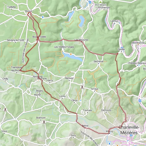 Map miniature of "Gravel Adventure through Rocroi" cycling inspiration in Champagne-Ardenne, France. Generated by Tarmacs.app cycling route planner
