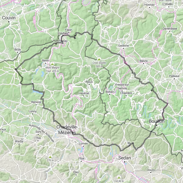 Miniature de la carte de l'inspiration cycliste "Boucles autour de Rocroi" dans la Champagne-Ardenne, France. Générée par le planificateur d'itinéraire cycliste Tarmacs.app