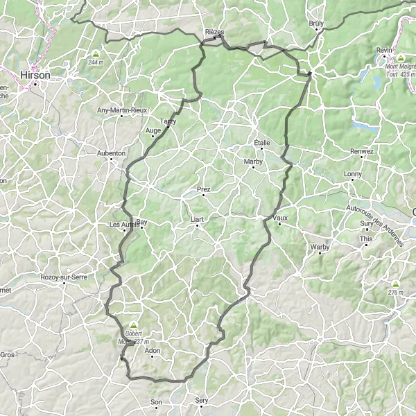 Map miniature of "Road Cycling Adventure near Rocroi" cycling inspiration in Champagne-Ardenne, France. Generated by Tarmacs.app cycling route planner