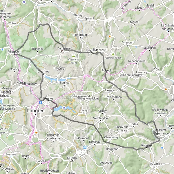 Miniature de la carte de l'inspiration cycliste "Les Routes de Chanteroy" dans la Champagne-Ardenne, France. Générée par le planificateur d'itinéraire cycliste Tarmacs.app