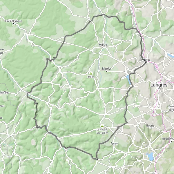 Map miniature of "Rolampont to Germaines Loop" cycling inspiration in Champagne-Ardenne, France. Generated by Tarmacs.app cycling route planner