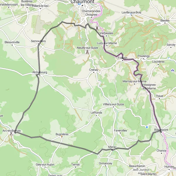 Map miniature of "Rolampont to Vesaignes-sur-Marne Loop" cycling inspiration in Champagne-Ardenne, France. Generated by Tarmacs.app cycling route planner
