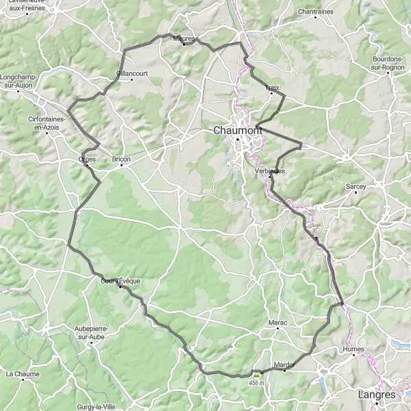 Miniature de la carte de l'inspiration cycliste "Le circuit des châteaux de Champagne" dans la Champagne-Ardenne, France. Générée par le planificateur d'itinéraire cycliste Tarmacs.app