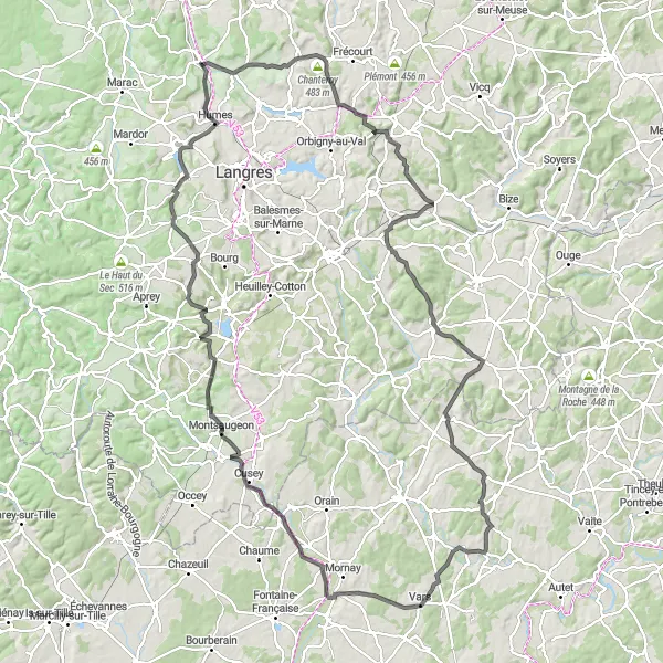 Miniature de la carte de l'inspiration cycliste "Les Collines de l'Évêque" dans la Champagne-Ardenne, France. Générée par le planificateur d'itinéraire cycliste Tarmacs.app