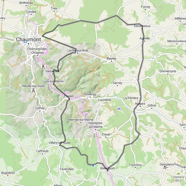 Miniature de la carte de l'inspiration cycliste "Le Tour du Lac de Rolampont" dans la Champagne-Ardenne, France. Générée par le planificateur d'itinéraire cycliste Tarmacs.app