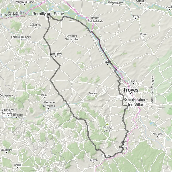 Miniature de la carte de l'inspiration cycliste "Route des Châteaux de Champagne" dans la Champagne-Ardenne, France. Générée par le planificateur d'itinéraire cycliste Tarmacs.app