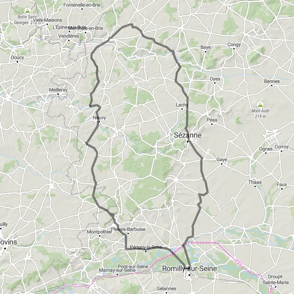 Miniature de la carte de l'inspiration cycliste "Aventure panoramique jusqu'à Romilly-sur-Seine" dans la Champagne-Ardenne, France. Générée par le planificateur d'itinéraire cycliste Tarmacs.app