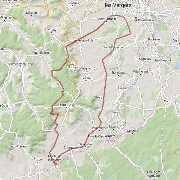 Miniature de la carte de l'inspiration cycliste "Boucle de Montaigu" dans la Champagne-Ardenne, France. Générée par le planificateur d'itinéraire cycliste Tarmacs.app