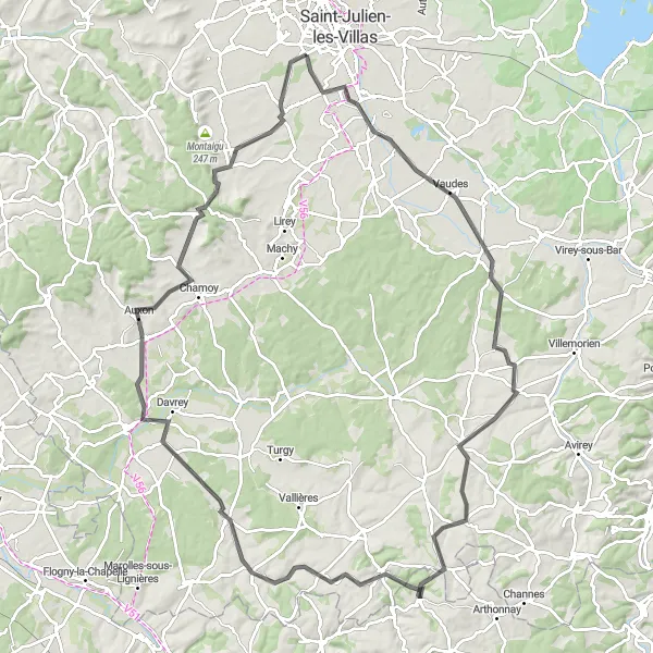 Map miniature of "Scenic Road Cycling Route around Rosières-près-Troyes" cycling inspiration in Champagne-Ardenne, France. Generated by Tarmacs.app cycling route planner