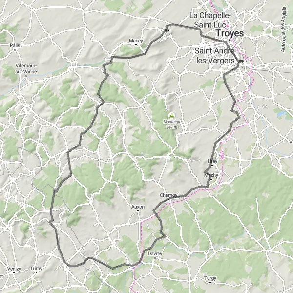 Map miniature of "Challenging Road Cycling Route to Troyes" cycling inspiration in Champagne-Ardenne, France. Generated by Tarmacs.app cycling route planner