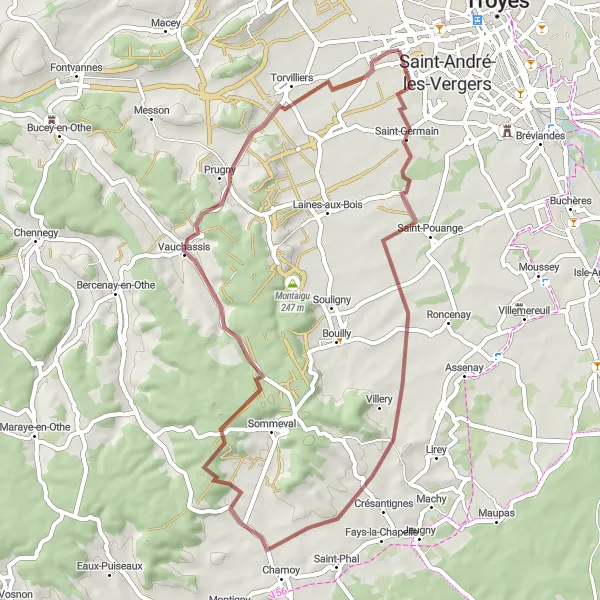 Miniature de la carte de l'inspiration cycliste "Les Routes de Gravel du Pays d'Armance" dans la Champagne-Ardenne, France. Générée par le planificateur d'itinéraire cycliste Tarmacs.app