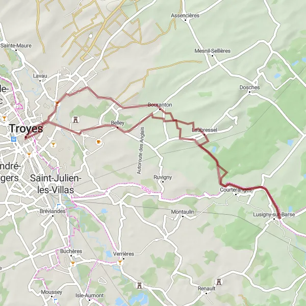 Miniature de la carte de l'inspiration cycliste "Les Collines de l'Aube" dans la Champagne-Ardenne, France. Générée par le planificateur d'itinéraire cycliste Tarmacs.app