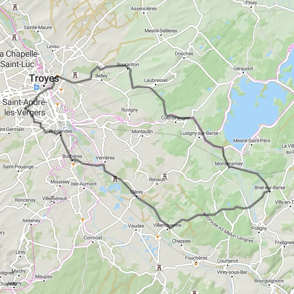 Miniature de la carte de l'inspiration cycliste "Les Lacs de Champagne" dans la Champagne-Ardenne, France. Générée par le planificateur d'itinéraire cycliste Tarmacs.app