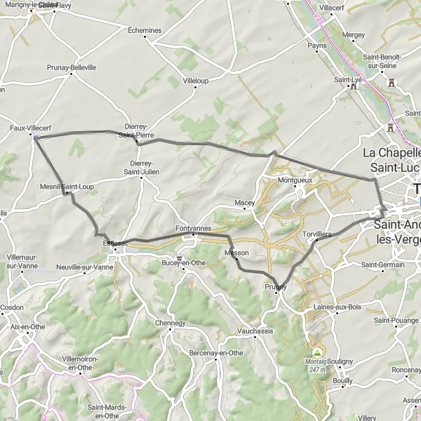 Map miniature of "Estissac and Mesnil-Saint-Loup Road Route" cycling inspiration in Champagne-Ardenne, France. Generated by Tarmacs.app cycling route planner