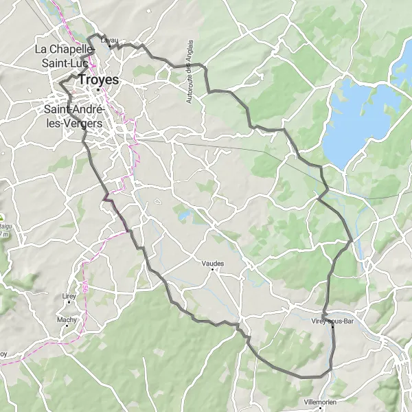 Miniature de la carte de l'inspiration cycliste "Parcours à travers l'Aube profonde" dans la Champagne-Ardenne, France. Générée par le planificateur d'itinéraire cycliste Tarmacs.app