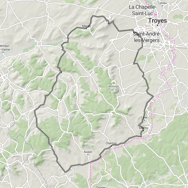 Map miniature of "Challenging Ride through Champagne-Ardenne" cycling inspiration in Champagne-Ardenne, France. Generated by Tarmacs.app cycling route planner