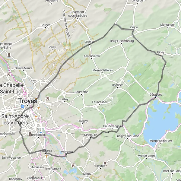 Miniature de la carte de l'inspiration cycliste "Circuit autour de Troyes" dans la Champagne-Ardenne, France. Générée par le planificateur d'itinéraire cycliste Tarmacs.app