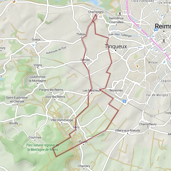 Map miniature of "Écueil and Bezannes Gravel Adventure" cycling inspiration in Champagne-Ardenne, France. Generated by Tarmacs.app cycling route planner